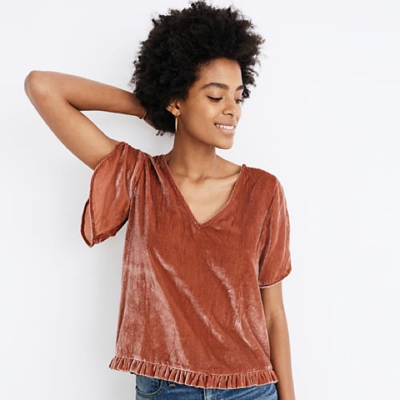 New Madewell Velvet Tulip-Sleeve Ruffle Top - Picture 2 of 8